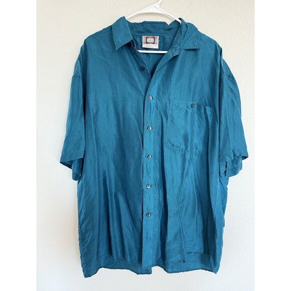 Chiamare Vintage 100% Silk Teal  Button Down Shirt 90s Men's Large - Picture 1 of 5
